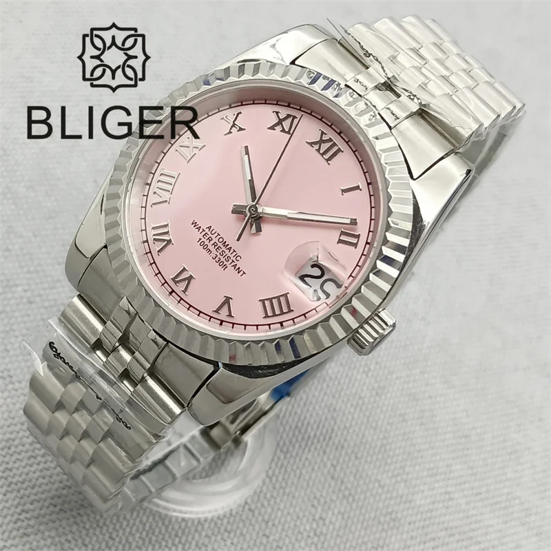 

BLIGER NH35 Automatic Watch For Men 36mm/39mm New Pink Dial Oyster/Jubilee Fluted Bezel Roman Hours Marks Date Glide Lock Date