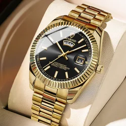 Luxury Brand Day Date Watch For Men Stainless Steel Gold Plate Quartz Wristwatch Man Fashion Business Waterproof Male Clock Gift