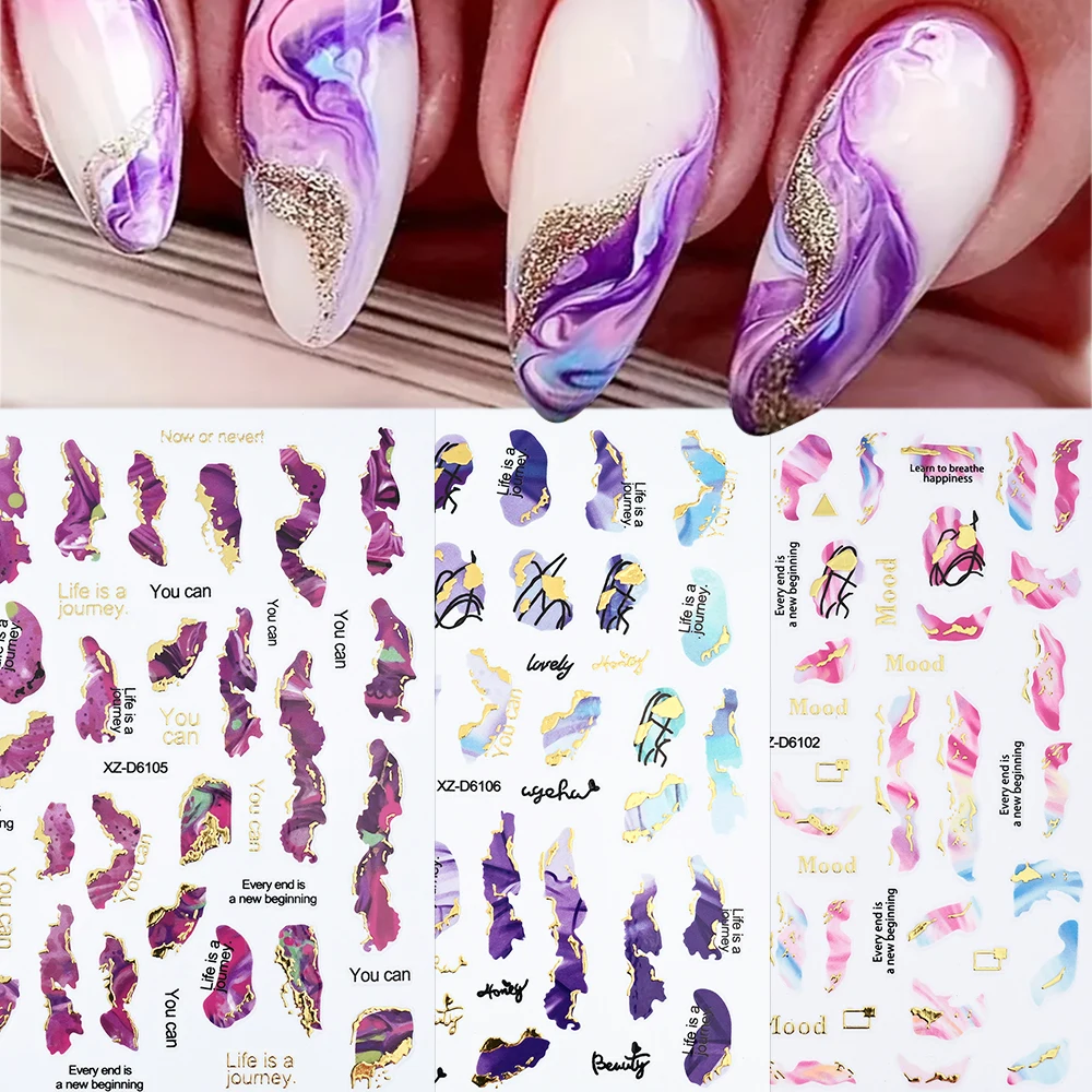 Elegant Marble & Floral Nail Art Stickers - Abstract Patterns Self-Adhesive DIY Decoration