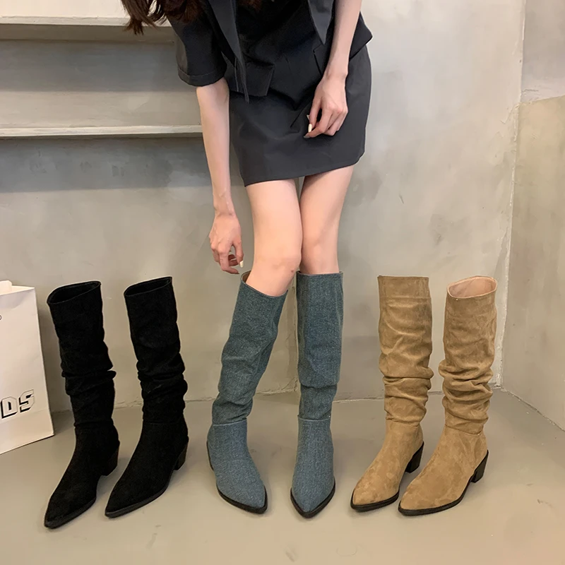 

Knee length boots Spring and Autumn women's thick heels and high boots new denim blue pointed pleated high heels pile up boots