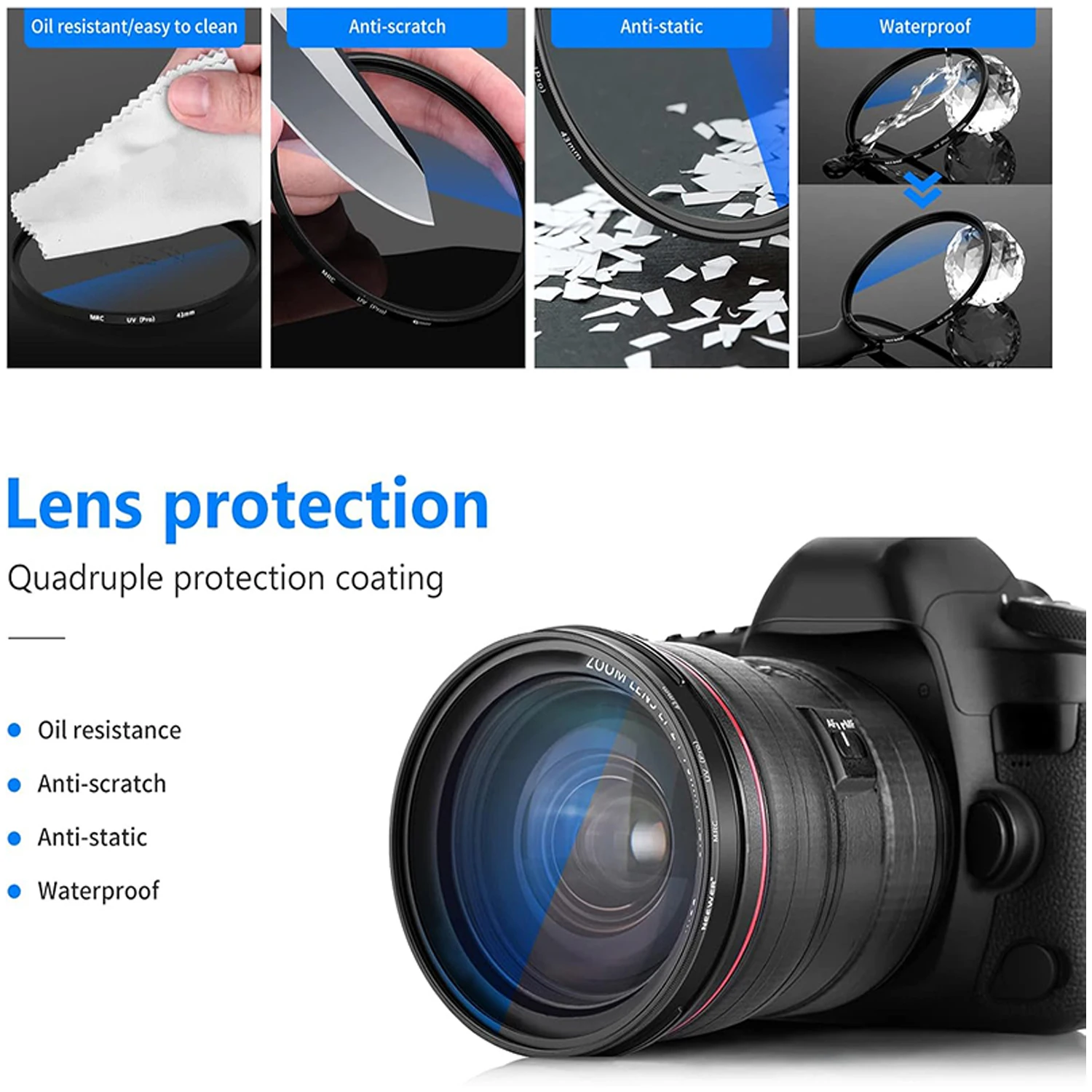 Filtre UV MC de 55mm à 82mm posé sur fond blanc, reflet lumineux, idéal pour protection optique.
