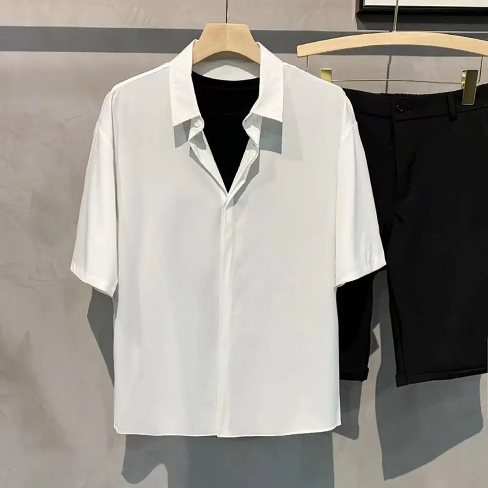 

Short Sleeve Men Shirt Men's Summer Cardigan Shirt with Hidden Buttons Turn-down Collar in Ice Silk Fabric Casual for Office