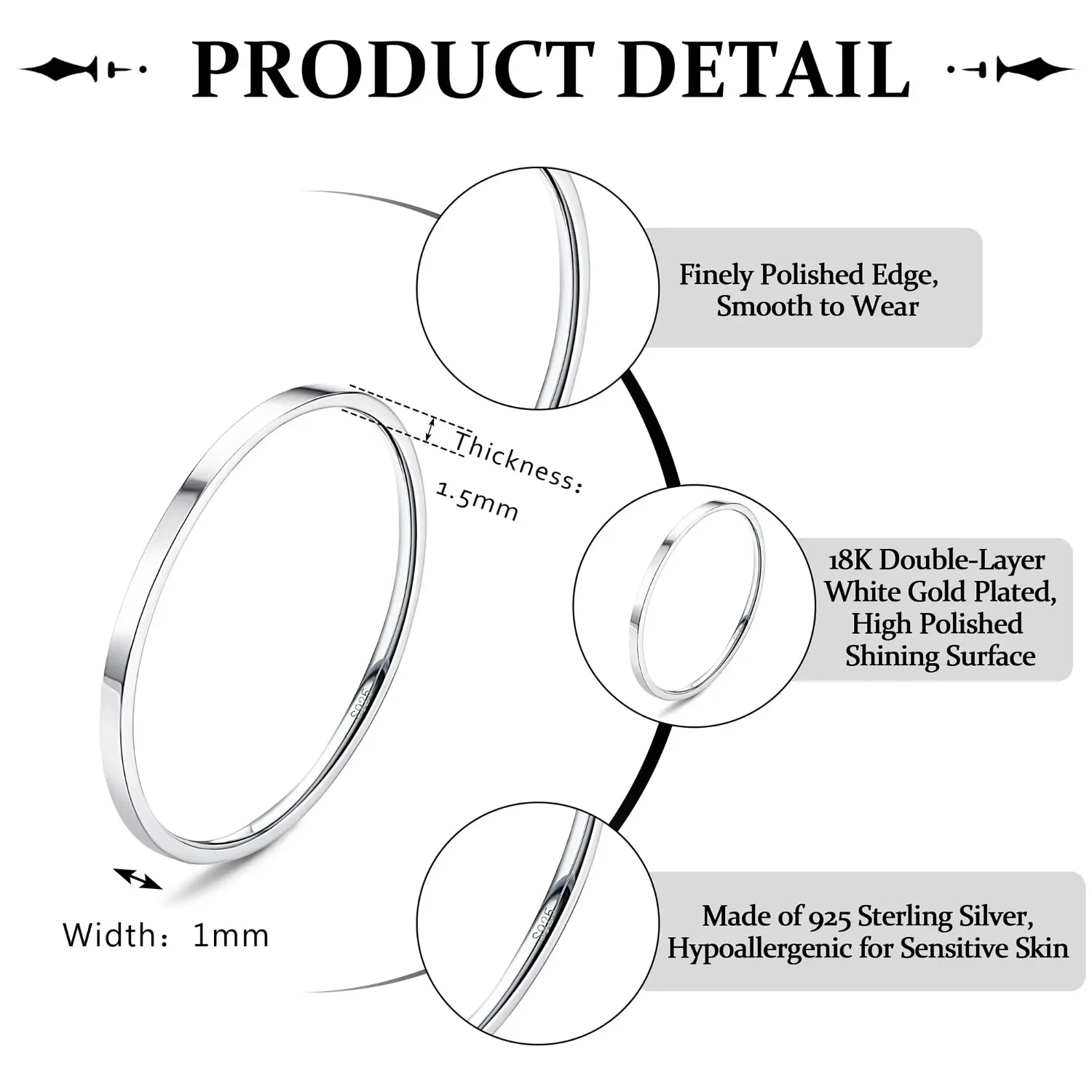 Fansilver S925 Sterling Silver Rings for Women Men 18K White Gold Plated Stackable Statement Thin Plain Thumb Ring Wedding Bands - Image 4