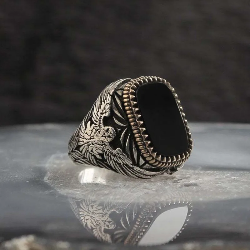Punkboy Retro Style Men's Ring Craved Pattern Black Egg-shaped Crystal Silver Color Ring for Male Party Jewelry Size 6-13
