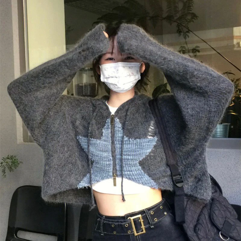 Y2K 크롭 니트 가디건 여성용 스타 프린트 후드 스웨터 재킷, 스트리트웨어 니트웨어 코트, 한국 점퍼 아우터 상의, 신상