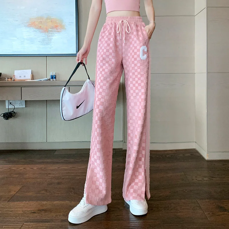 Pink Checkerboard Wide leg Pants Plaid Pants Straight  High Waist Women Spring Autumn Thickened Loose Korea Fashion Sweet Pants