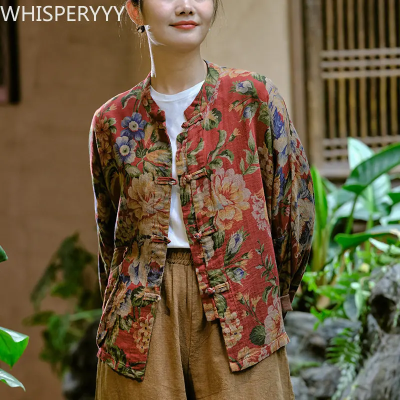Cotton and Hemp Top Women's Retro Chinese Style Shirt Old Cloth Printed Top Long-sleeved Flower Coat Chinese Blouse Women