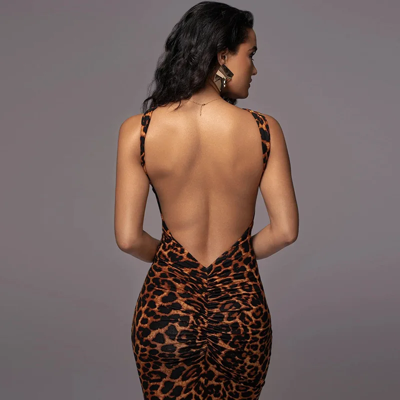 Women's New Sexy Open Back Sleeveless Leopard Print Dress with Elegant Style and Wrapped Hip Skirt for Women