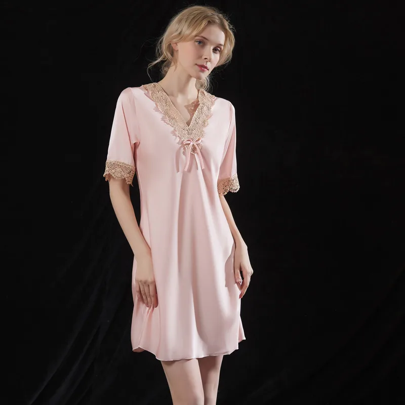 New Spring and Summer Silk Nightdress Homewear Sexy Lace Pajamas Soft Satin Silk Short Sleeve Dress