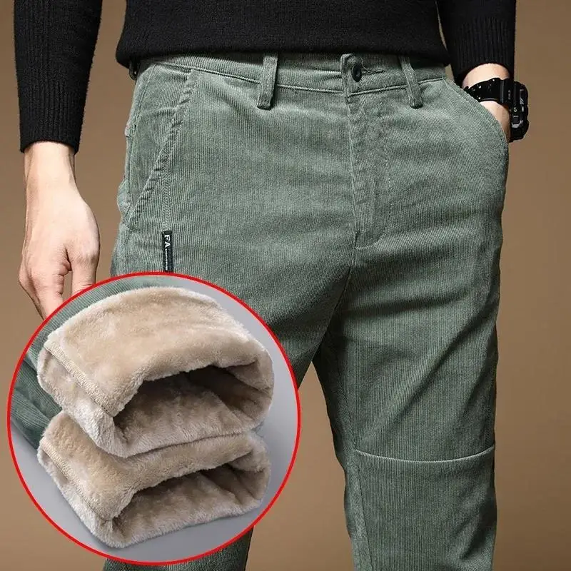 

2023 New Winter Fleece Warm Corduroy Pants Men Business Fashion Slim Fit Stretch Thicken Gray Green Fluff Casual Trousers Male