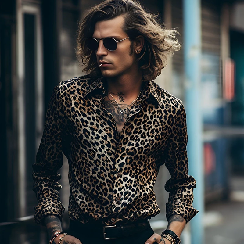 

Vintage Mens Leopard Print Shirt Luxury Long Sleeve Cheetah Button Down Dress Shirts for Party 70's Disco Shirts for Men XXL
