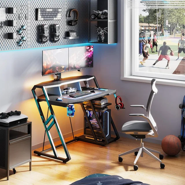 Gaming Desk with Power Outlet LED Lights, Gaming Computer Desk
