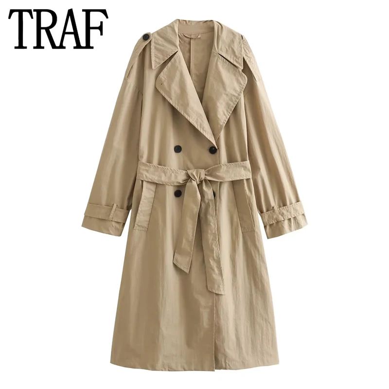 

TRAF 2023 Long Trench Coat Women Camel Double Breasted Windbreaker Woman Long Sleeve Elegant Coats For Women Autumn Jackets