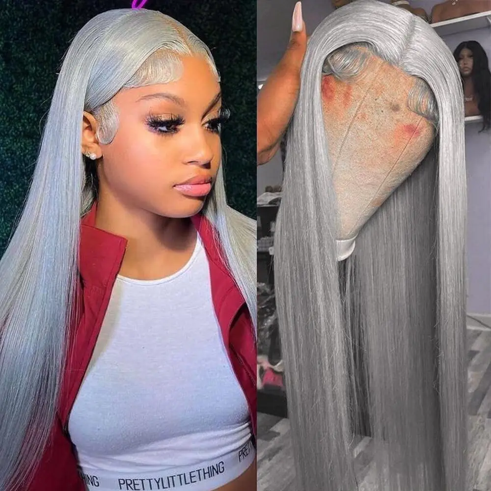 

Human Hair Wigs 13x6 Lace Front Wig Straight Hair Silver Grey 100% Human Hair Pre Plucked Bling Remy Human Hair Lace Frontal Wig