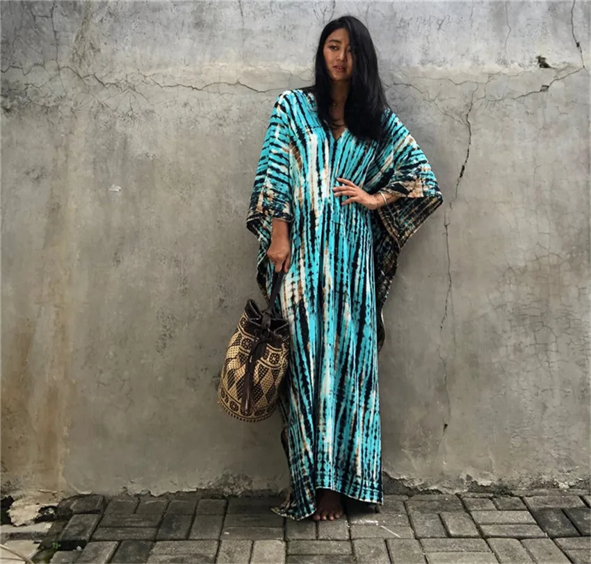 2023Summer Bohemian Striped Print Women Beach Dress Bathing Suit Cover Up Summer Tunic for Woman Beachwear Robe De Plage Kaftan