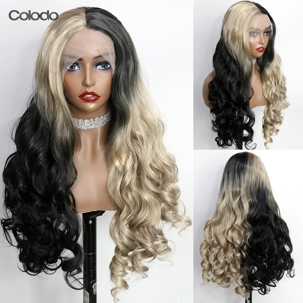 

COLODO Synthetic Lace Front Wig for Women Ombre Transparent Lace Wig 30 Inch Wave Heat Resistant Drag Queen Cosplay Glueless