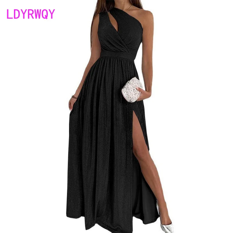 

New European and American Fashion Slanted Shoulder Sleeveless Bright Crystal Sexy Hollow Split Long Dress