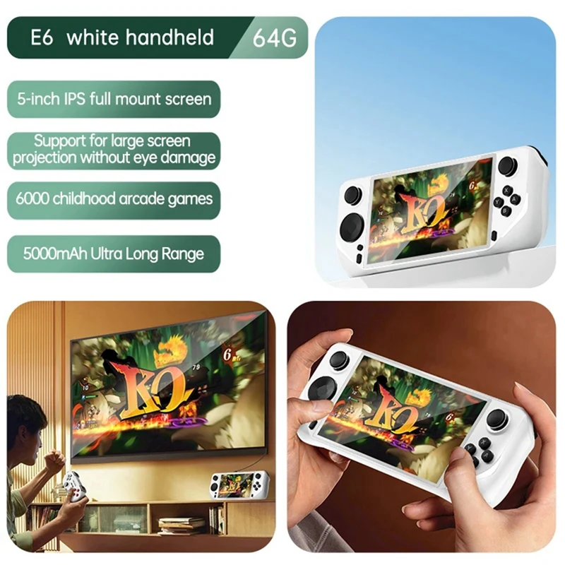 휴대용 게임 콘솔, E6, 비디오 게임 지지대, 5 인치 IPS 레트로 게임박스, PSP, PS1, N64, TV 연결