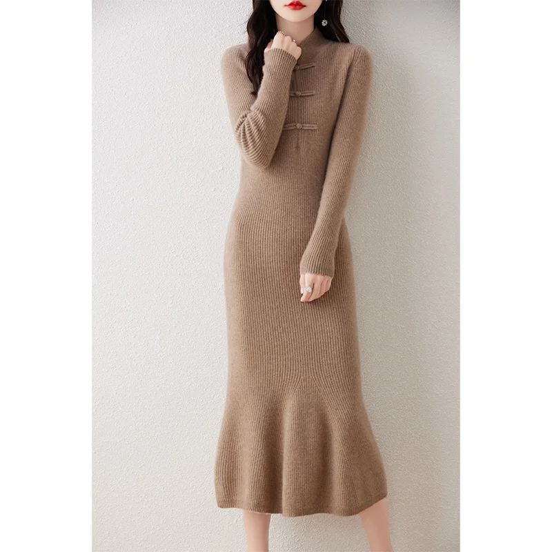 

100% Merino Knitted Wool Cheongsam Sweater Traf Official 2023 Autumn And Winter New Women's Buckle Chinese Style Dress