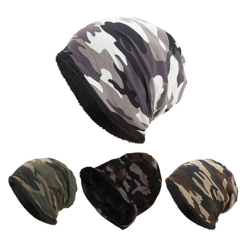 

652F Warm Beanies Cap Thermal Thicken Fleece Lined Slouchy Skull Cap Winter Camouflage Hat Outdoor Sports for Men and Women
