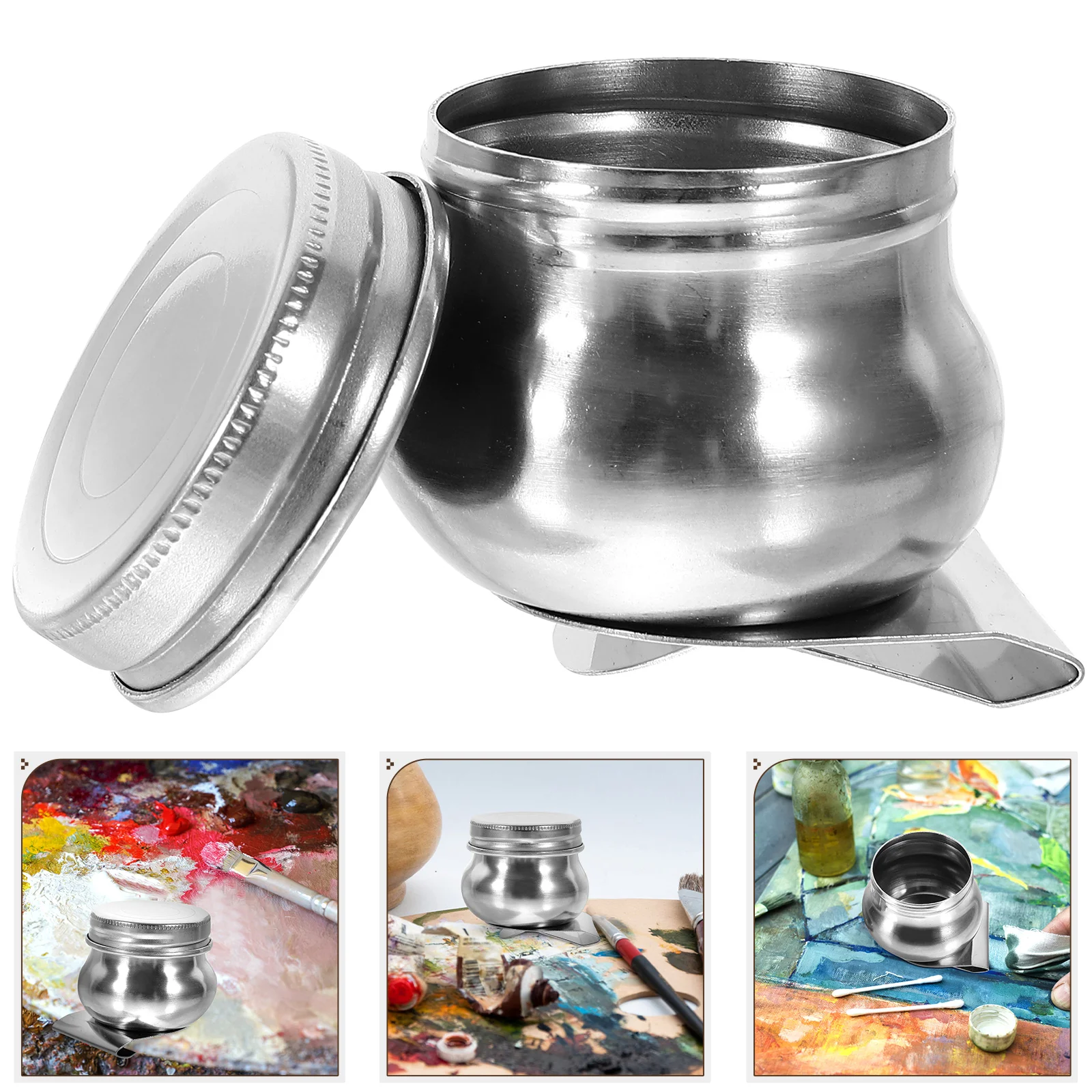

Stainless Steel Palette Cups Double Dipper Art Palette Clip Pot Lid Oil Paint Cleaning Container