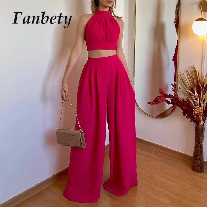 

Fashion Slim Halter Tops + Wide-Leg Trouders Two Piece Set Women Temperament Pure Outfits High Street Casual Suits 2023 Summer