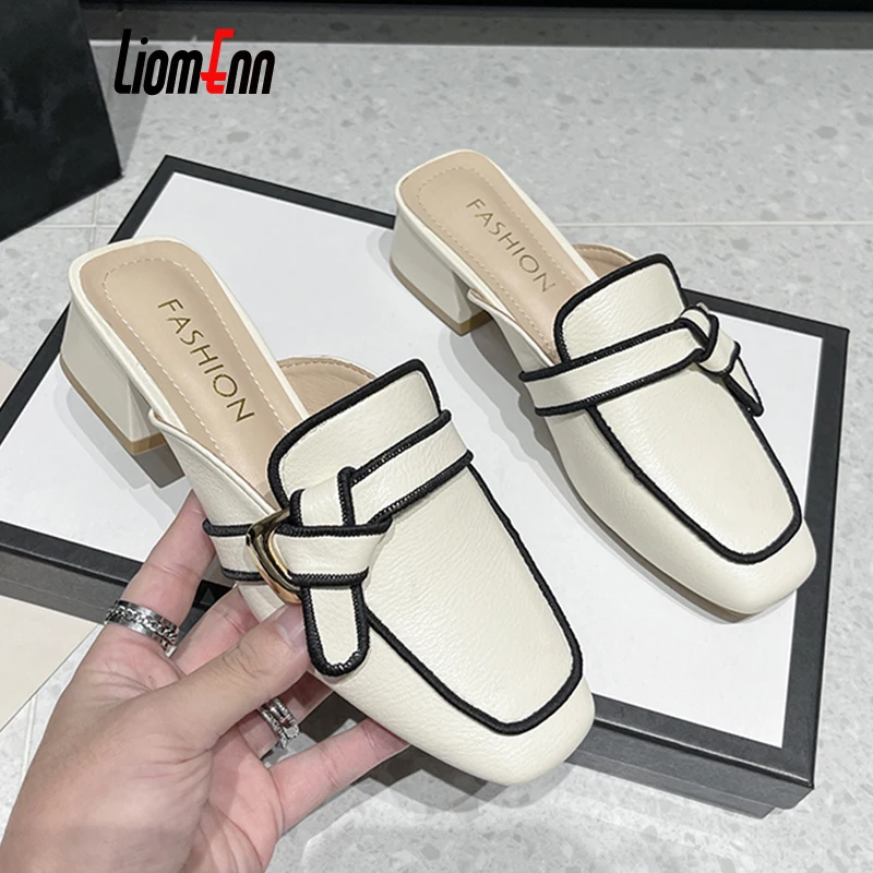 

Black Mules Shoes For Women Slip On Square Heel Slippers Women 2024 New Luxury Designer PU Leather Slides Elegant Office Shoes