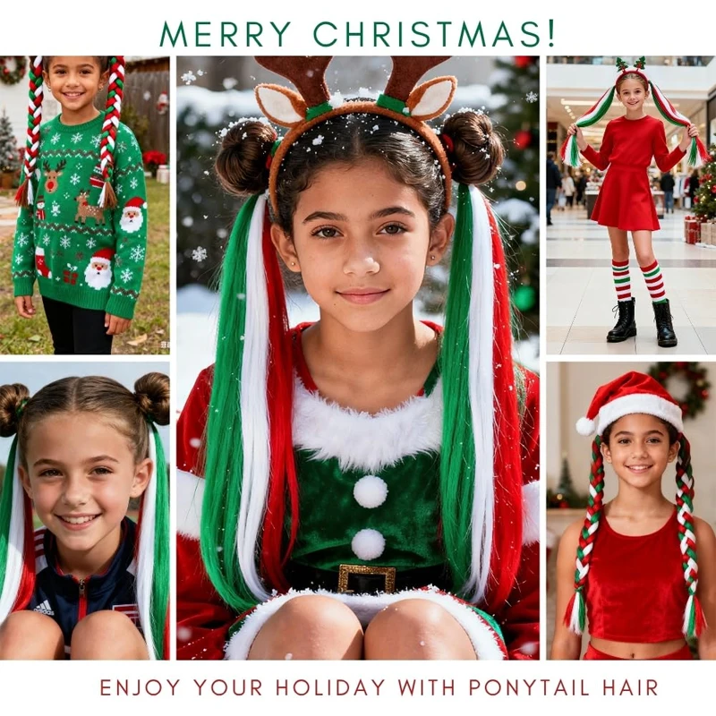 LUPU Red White and Green Christmas Ponytail Wig Suitable for Braiding 2 packs of 26 inch Colorful Holiday Hairstyle Accessories