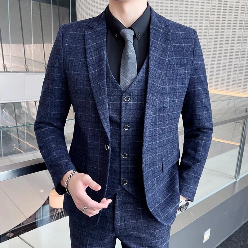 New Plaid Blazers Men Slim Fit Business Casual Suit Jacket Korean Wedding Social Office Dress Coat Streetwear Costume Homme black blazer for men