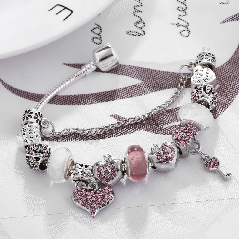Bracelet Jewelry Crystal Heart Charm Bracelet For Women Silver Snake Chain