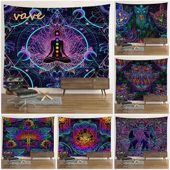 UV Reactive Fluorescent Mandala Elephant Tapestry Hippie Psychedelic Buddha Statue Owl Wall Hanging Cloth Bohemia Room Decor 1