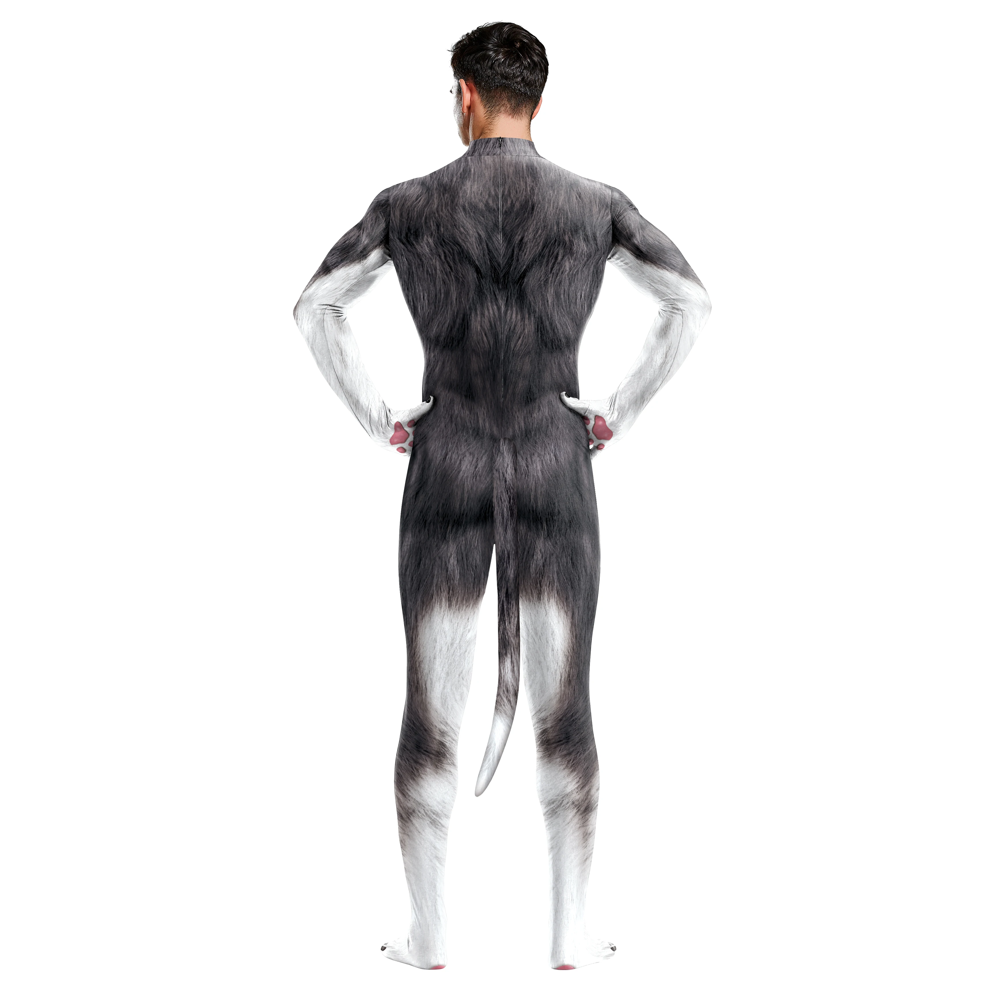 Zawaland Cosplay Animal 3D Print Petsuit Tail Furry Costume Crotch Zipper Jumpsuit Men Zentai Bodysuit Halloween Clothing