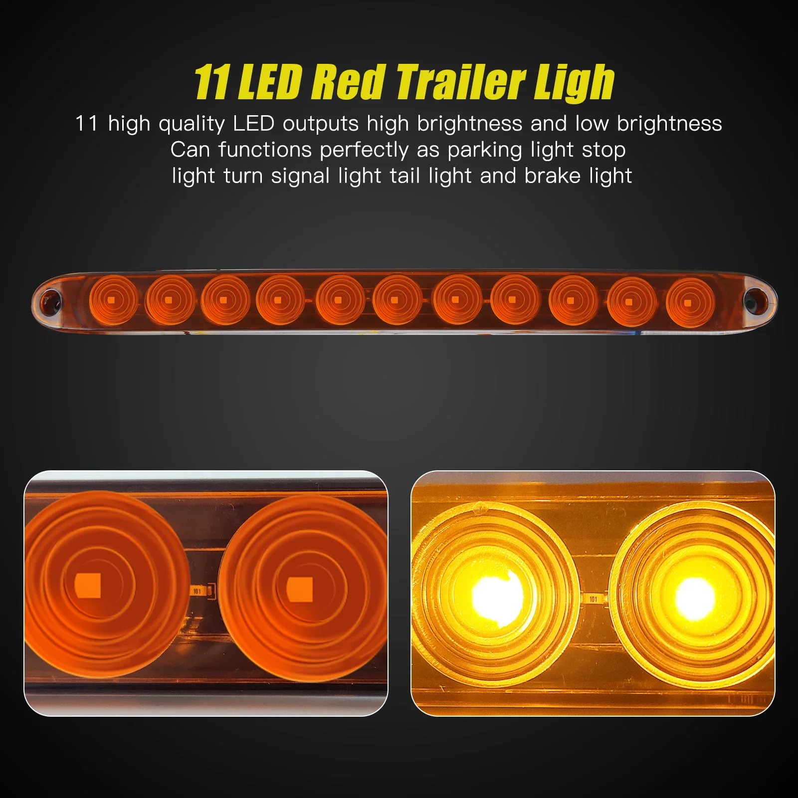 2PCS Waterproof 16-Inch 11-LED Truck Tail Trailer Light with Brake Stop,  Park, High/Low Brightness, Marker Bar - 12V Amber Red