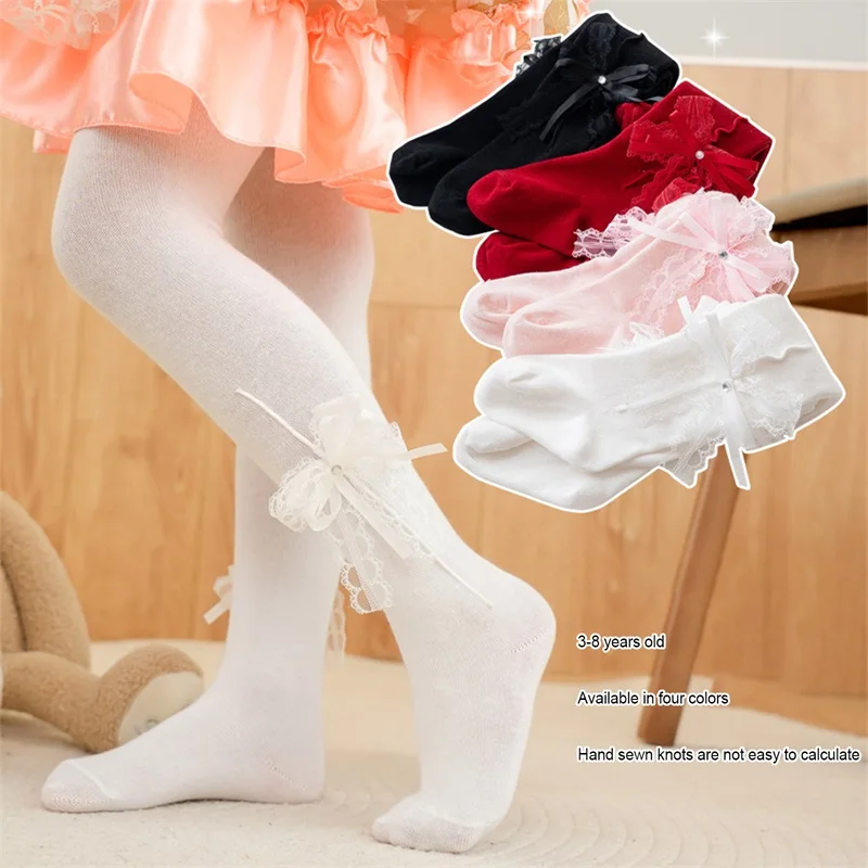 Toddler Kids Girls Stockings Cute Rhinestone Double Bowknot Lolita Princess Dance Ballet Tights High Waisted Footed Pantyhose