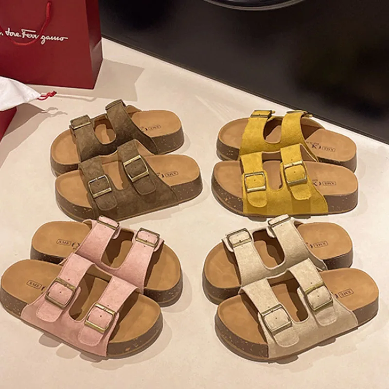 Women's Soft-soled Platform Sandals Double Buckle Flat Slippers