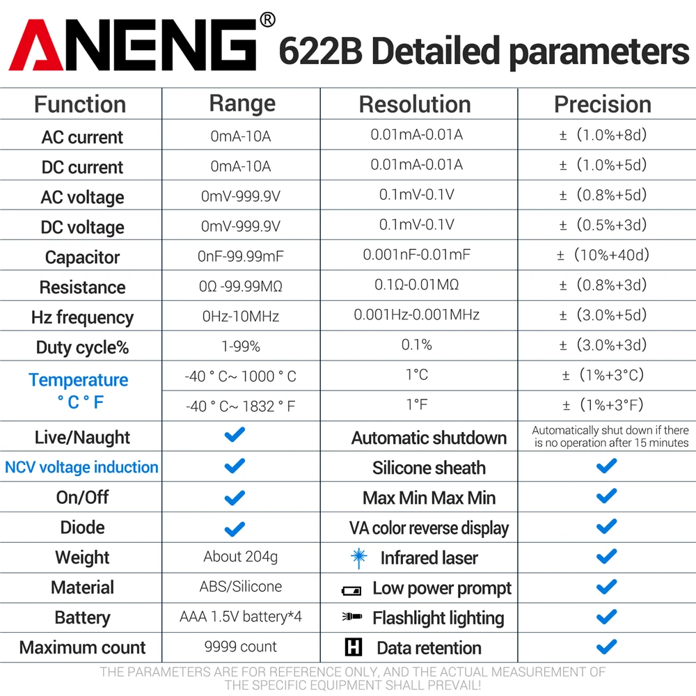 적외선 레이저 멀티미터 ANENG 622B 스마트 전문가용 VA 컬러 스크린 NCV 감지 AC/DC 전압 전류 9999 카운트 툴