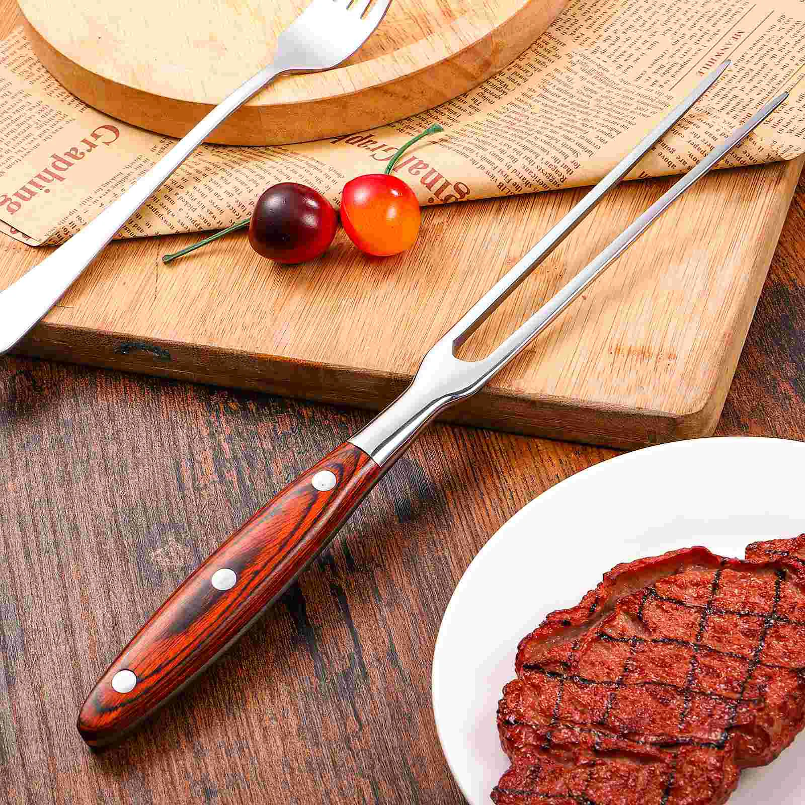 Double Prong Stainless Steel Meat Fork Barbecue Grilling Tool With Wooden Handle For Metal Cooking Utensil Two Prong Fork Meat