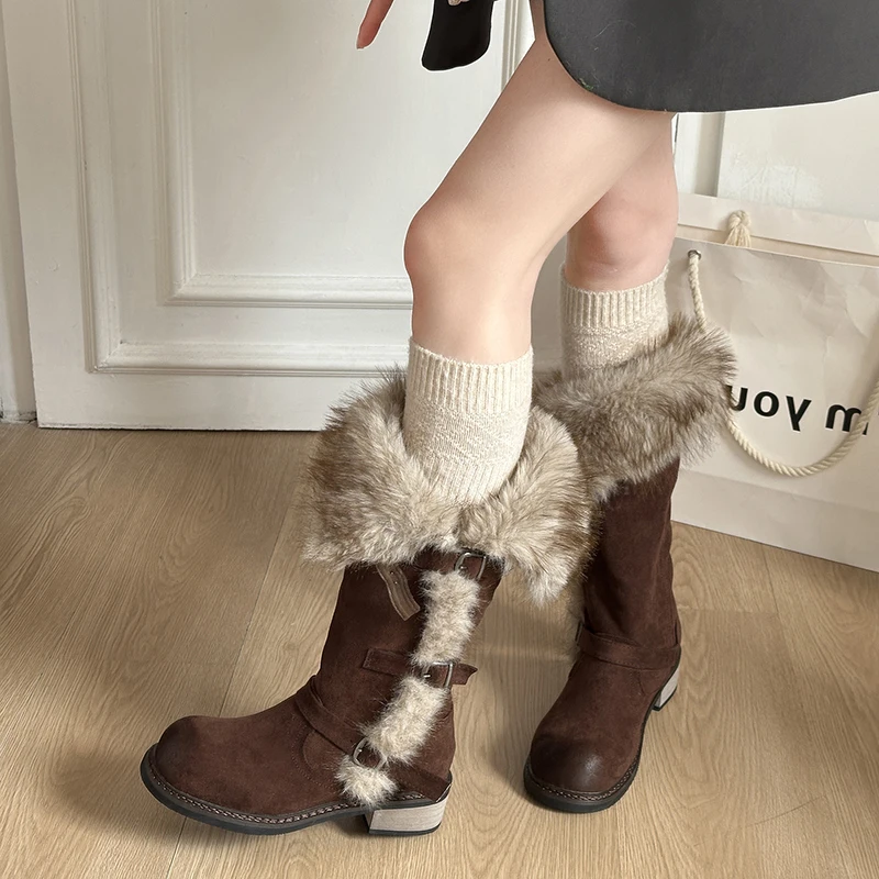 Aphixta Fashion Mid-Calf Snow Boots For Woman Buckle Design Slip On Furry Warm Winter Boots Plush Lining Med Heel Women Shoes