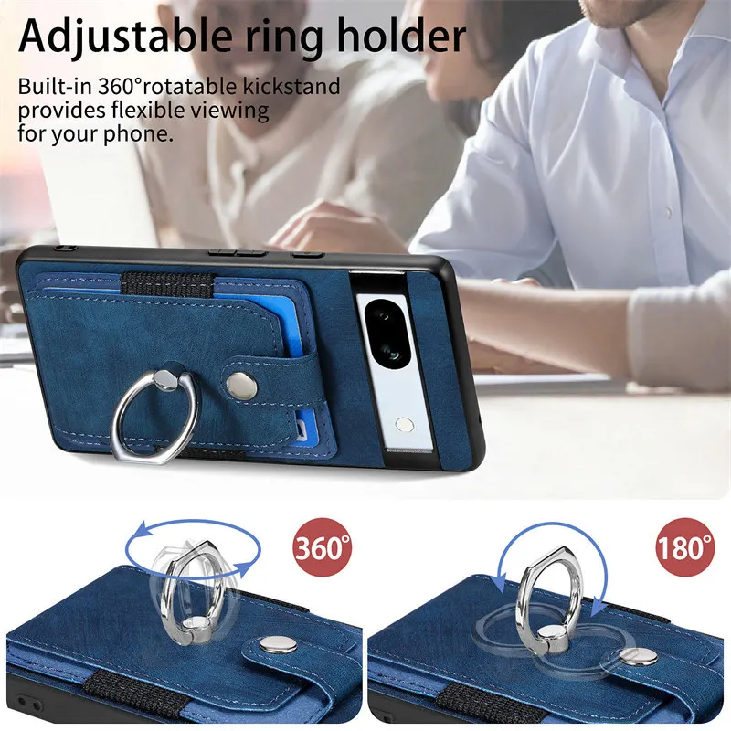 Magnetic Leather Wallet Card Phone Case with Ring Holder and Back Cover