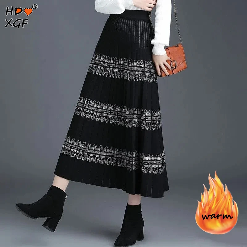 New Black Skirt Knitted Long Pleated Skirt Women 2022 Autumn Winter Warm High Waist Midi Skirt Ladies Retro Shiny Office Skirts