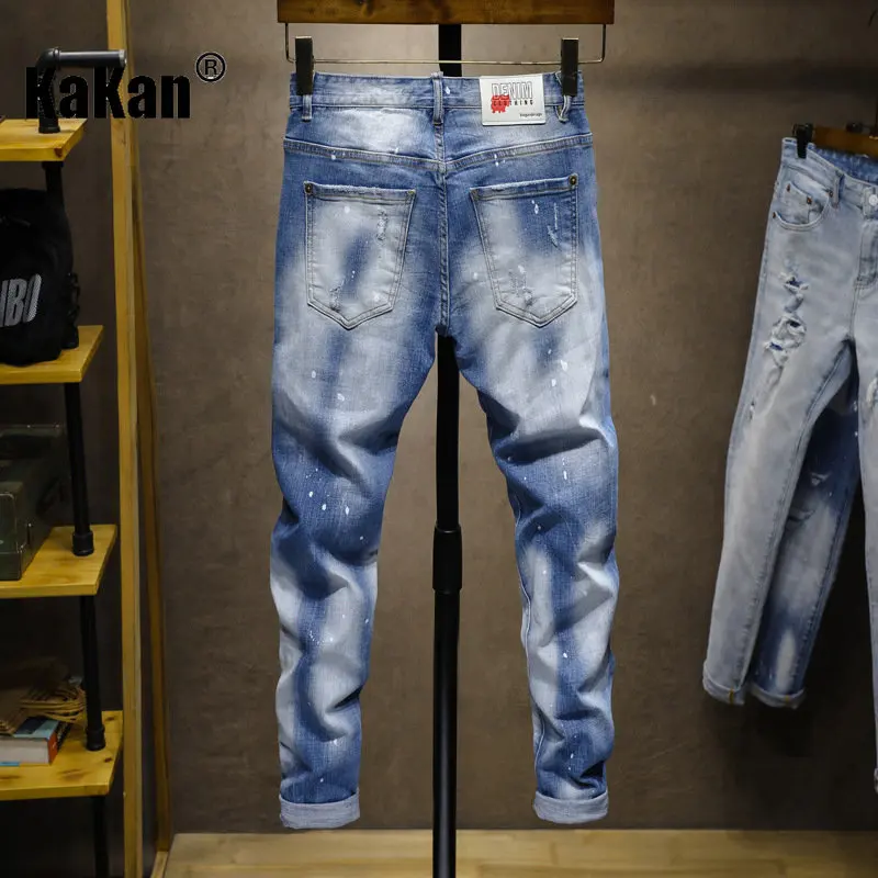 Kakan - New Throw Point Hip Hop Personalized Street Jeans Men's Wear, Slim Fit and Refreshing Light Blue Long Jeans K018-D38