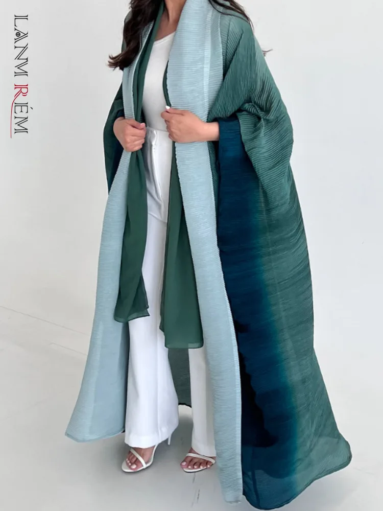 

LANMREM Gradient Pleated Trench Coat Long Sleeves Loose Size Color Block Long Length Women's Fashion Windbreaker Autumn 2DA1729