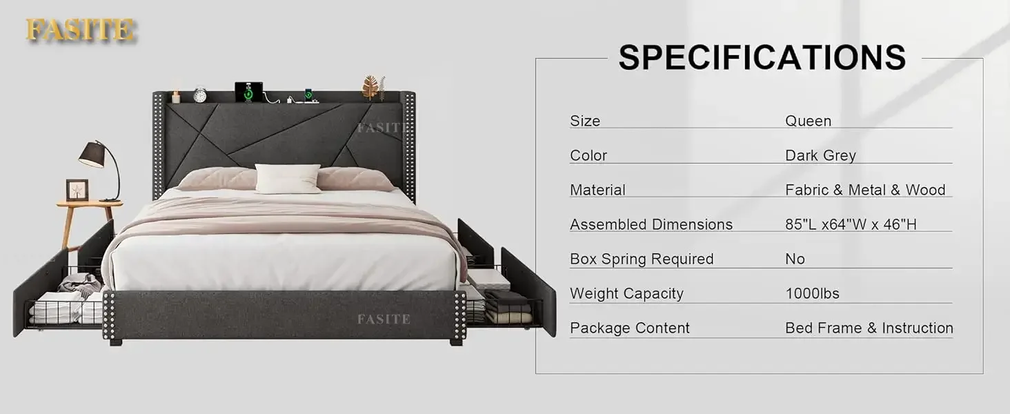Queen Bed Frame with 4 Storage Drawers Upholstered Platform Bed Frame with Charging Station & Wingback Shelf, Solid Wood Slats