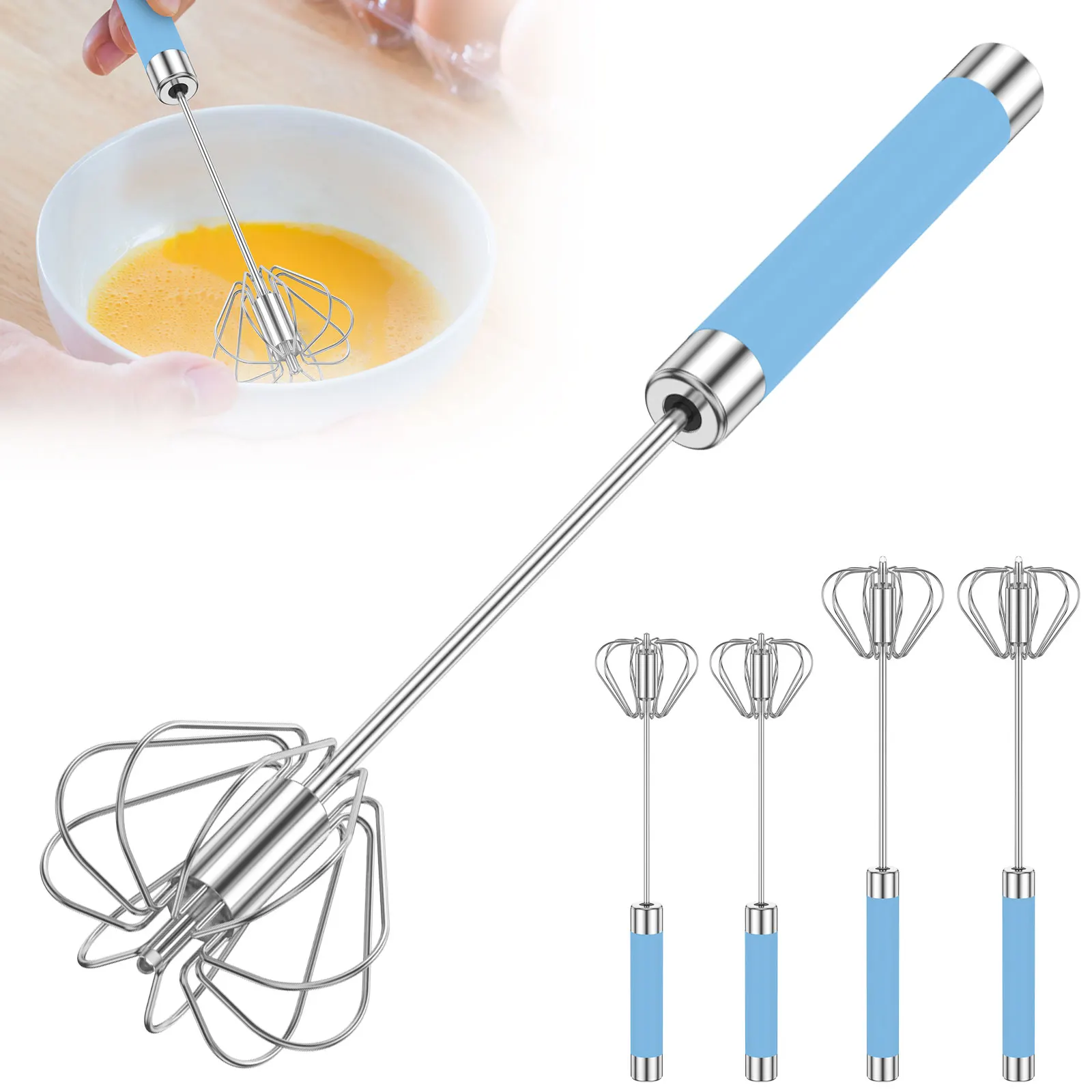 4Pcs Egg Whisk Stainless Steel Egg Beater Hand Push Whizzy Whisk with Handle Rustproof Hand Whisk Semi Automatic Egg Mixer