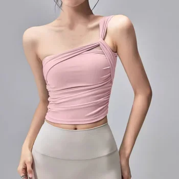 Women Gathered Front One Shoulder Mesh Tank Top, Slim Integrated Breathable Yoga Vest for Workout Pilates Running Casual Wear