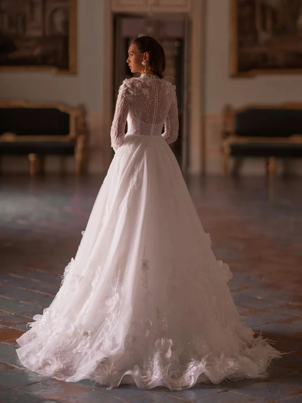 Wedding Gown Robe De Marie Modest Wedding Dress Sparkly Sequins Beads  Bride Appliques A-line
