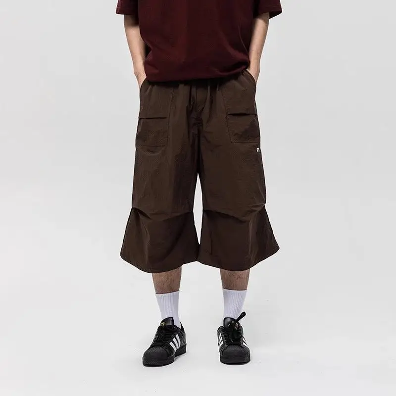Japanese Style Trendy 2024 Summer New Men's Solid Loose Pockets Folds Drawstring Straight Casual Elastic Waist Call Length Pants