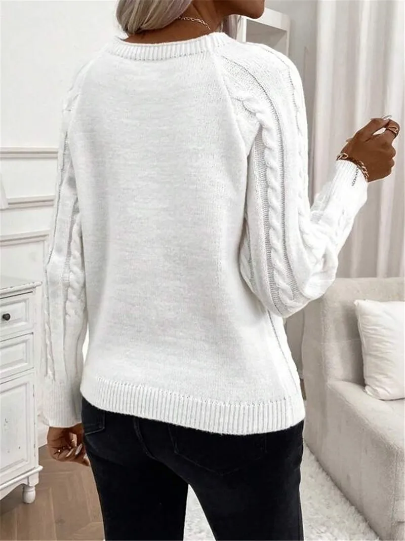 Autumn Winter Knitted Sweater round Neck Long Sleeve Turtleneck Knitwear Button Design Shoulder Insertion Twist Flower Pattern 2
