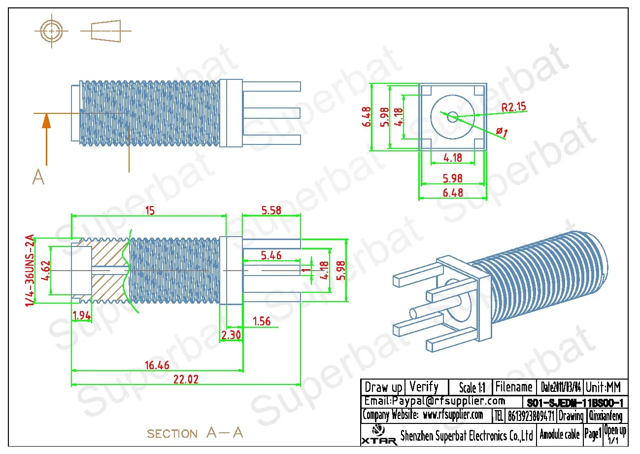 50 Ohm SMA Female RF Coaxial Connector for PCB Mount