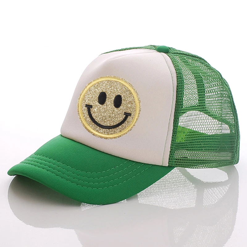 designer skully hat 2022 New 23 Colors Glitter Smiley Trucker Hat Men's Mesh Hat Summer Hat Trucker Hat Smiley Hat Adjustable Hat Cap Men  Unisex yellow skully hat Skullies & Beanies